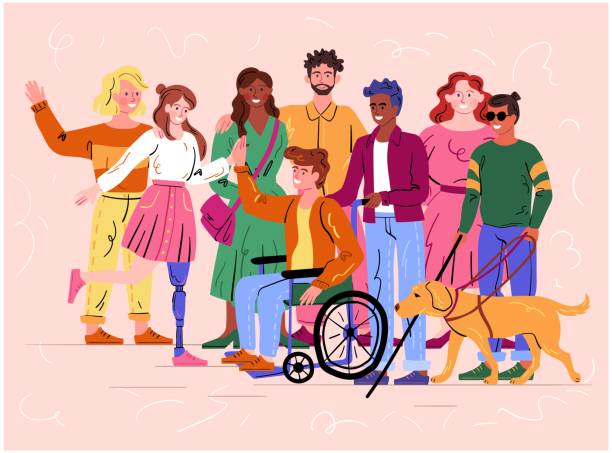 Illustrated diverse group of people including wheelchair user, prosthetic leg, and guide dog — representing the NDIS community